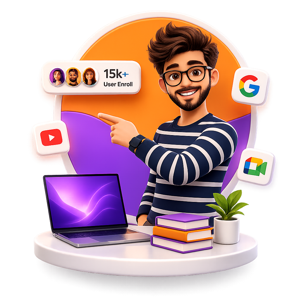 Software instructor with laptop, books, and training tools
